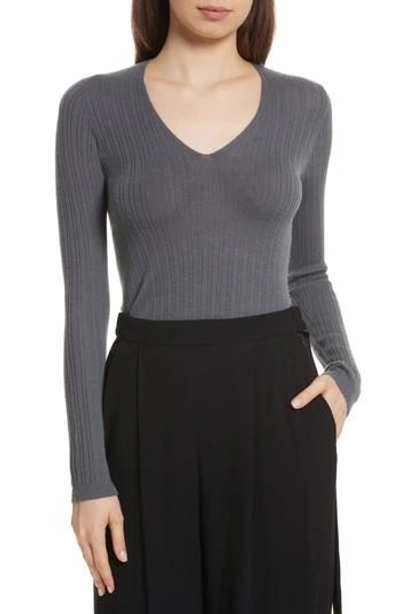 Shop Vince Ribbed Cashmere V-neck Sweater In Shadow
