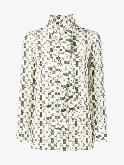 Shop Gucci Silk Shirt With Web Gg Print In Nude&neutrals