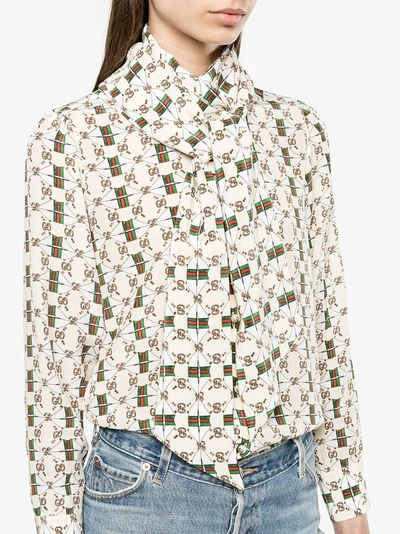 Shop Gucci Silk Shirt With Web Gg Print In Nude&neutrals