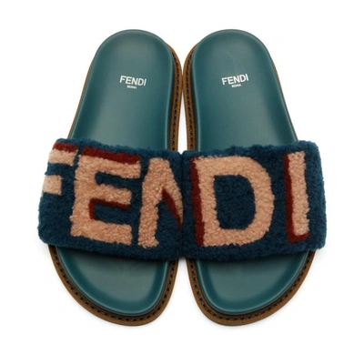 Shop Fendi Blue Shearling Logo Slides In F10dc Peacock