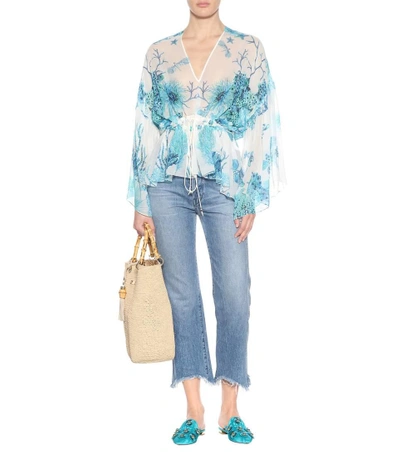 Shop Roberto Cavalli Floral-printed Silk Top In Blue