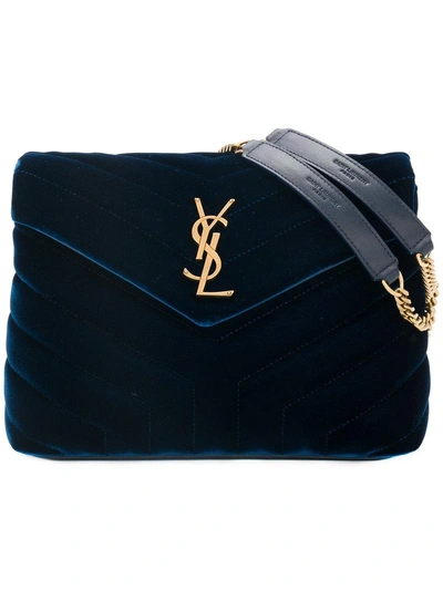 Shop Saint Laurent Small Blue Loulou Monogram Velvet Bag