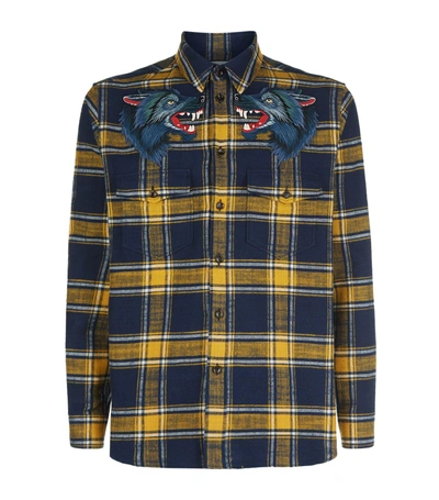 Shop Gucci Wolf Patch Check Shirt In Yellow