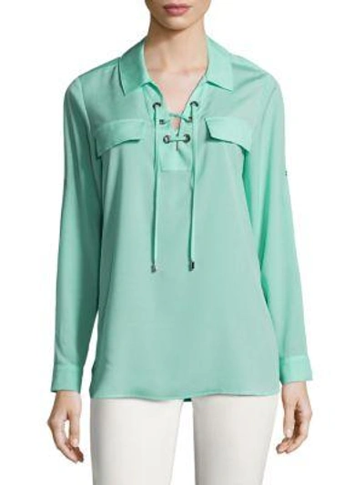 Shop Calvin Klein Lace-up Blouse In Sea Glass