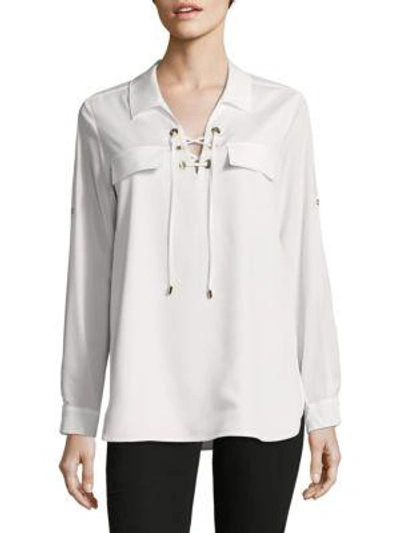 Shop Calvin Klein Lace-up Blouse In Sea Glass