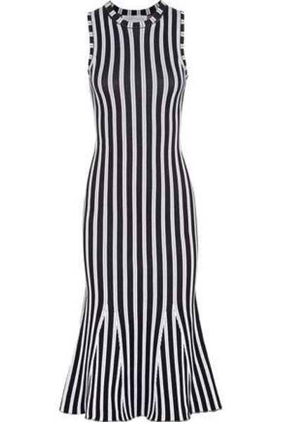 Shop Victoria Beckham Woman Fluted Ribbed Striped Cotton-blend Dress Midnight Blue