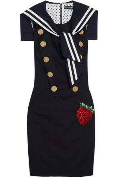 Shop Dolce & Gabbana Woman Embellished Stretch Cotton-blend Gabardine Mini Dress Navy