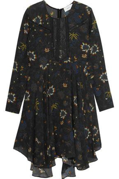 Shop A.l.c Woman Lace-paneled Printed Silk-crepe Mini Dress Black