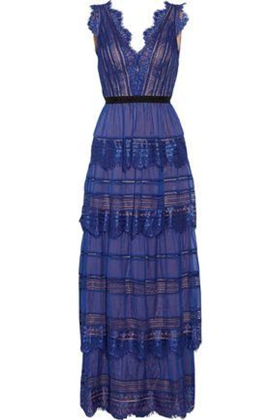 Shop Catherine Deane Woman Lace-paneled Tiered Silk-organza Maxi Dress Cobalt Blue