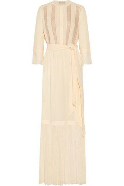Shop Michael Kors Woman Lace-paneled Pintucked Silk-chiffon Maxi Dress Beige