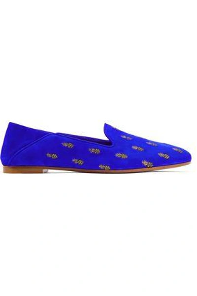Shop Aquazzura Ananas Embroidered Suede Slippers In Royal Blue