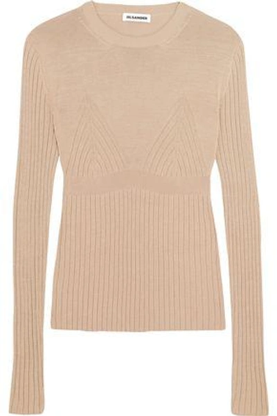 Shop Jil Sander Woman Ribbed-knit Sweater Beige