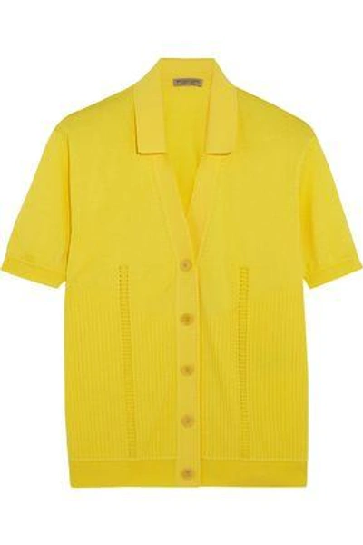 Shop Bottega Veneta Pointelle-knit Ribbed Cotton-blend Top In Yellow