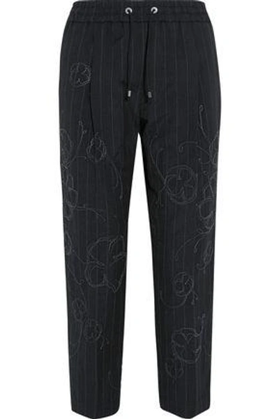 Shop Brunello Cucinelli Woman Cropped Embellished Pinstriped Wool And Linen-blend Straight-leg Pants Midnight Blue