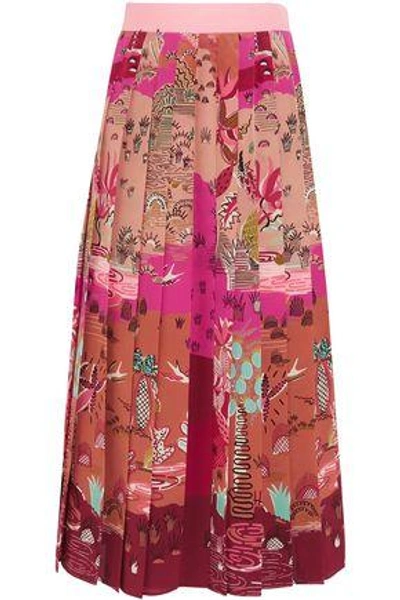 Shop Valentino Pleated Printed Silk Crepe De Chine Midi Skirt In Pink