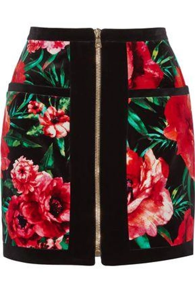 Shop Balmain Woman Floral-print Cotton-velvet Mini Skirt Black