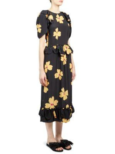 Shop Simone Rocha Silk Scallop Floral Midi Dress In Black Clementine