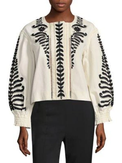 Shop Tory Burch Embroidered Button-front Jacket In New Ivory