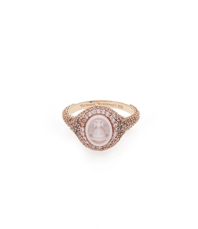 Shop Vivienne Westwood Sterling Silver Polly Ring Pink Gold Size Xs In Pink Cubic Zirkonia/pink Mop