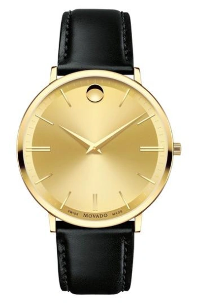 Shop Movado 'ultra Slim' Leather Strap Watch, 40mm In Black/ Gold