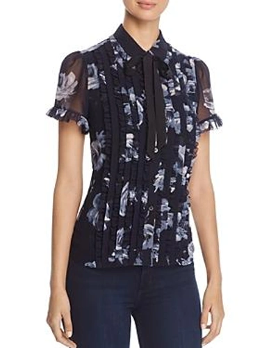 Shop Kate Spade New York Rose Print Ruffle Pleat Blouse In Rich Navy