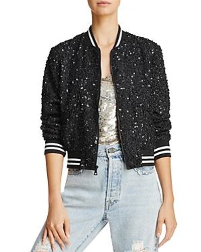 Shop Alice And Olivia Alice + Olivia X The Beatles Lonnie Embellished Silk Bomber Jacket In Black/white