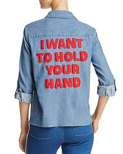 Shop Alice And Olivia Alice + Olivia X The Beatles Eloise Embellished Chambray Shirt In Medium Wash Chambray/red