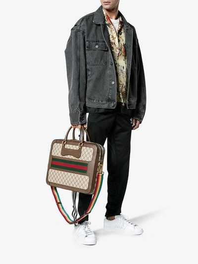 Shop Gucci Gg Supreme Briefcase With Web In Brown