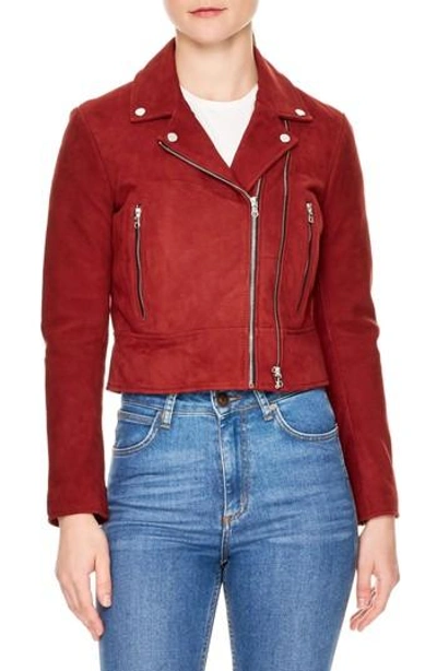 Shop Sandro Adaya Leather Zip Jacket In Burgundy