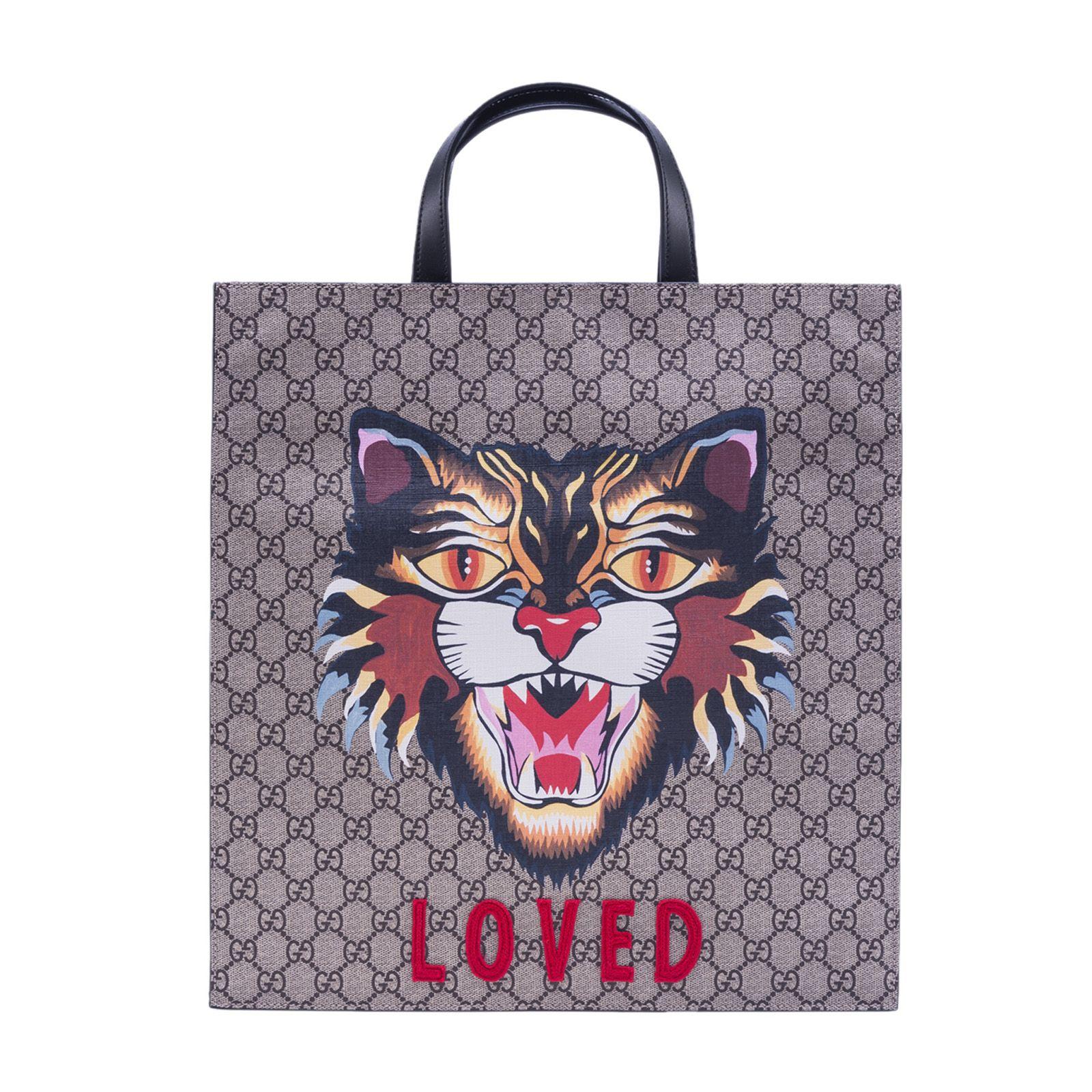 gucci gg supreme tote with embroidered angry cat