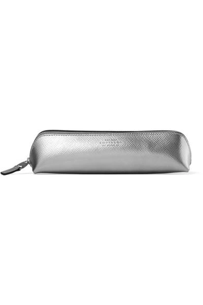 Shop Smythson Panama Metallic Textured-leather Pencil Case In Silver