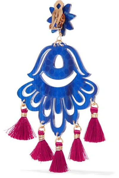 Shop Mercedes Salazar Fiesta Tasseled Gold-plated, Resin, Bead And Pearl Clip Earrings In Blue