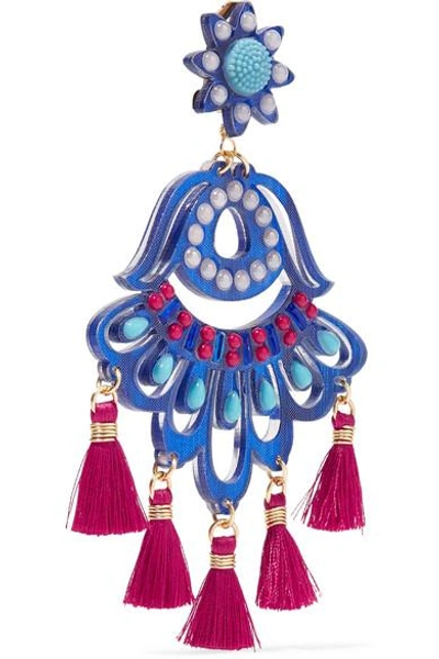 Shop Mercedes Salazar Fiesta Tasseled Gold-plated, Resin, Bead And Pearl Clip Earrings In Blue