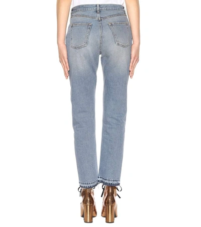 Shop Saint Laurent Embroidered Cotton Slim-fit Jeans In Blue