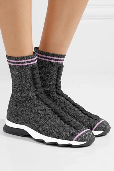 Shop Fendi Metallic Stretch-knit Sneakers In Gunmetal