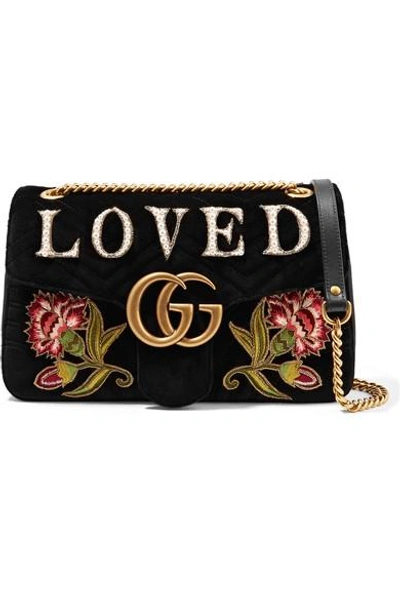 Shop Gucci Gg Marmont Medium Embroidered Matelassé Velvet Shoulder Bag