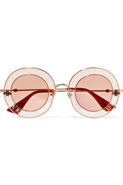 Shop Gucci Round-frame Printed Acetate And Gold-tone Sunglasses In Pink