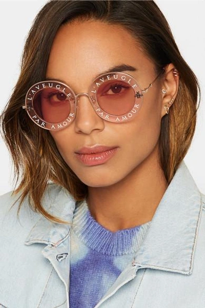 Shop Gucci Round-frame Printed Acetate And Gold-tone Sunglasses In Pink