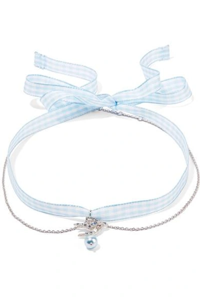 Shop Miu Miu Gingham Cotton, Silver-tone, Crystal And Faux Pearl Choker In Light Blue