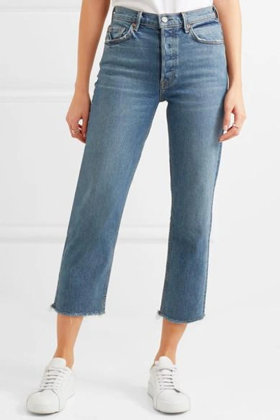 Shop Grlfrnd Helena Cropped Distressed Mid-rise Straight-leg Jeans In Mid Denim