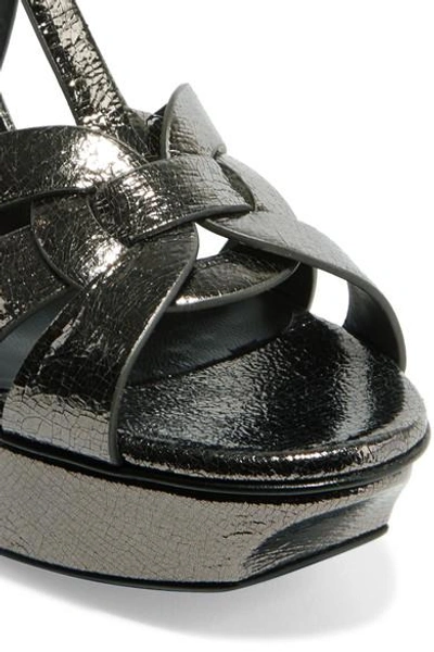 Shop Saint Laurent Tribute Metallic Cracked-leather Platform Sandals In Gunmetal