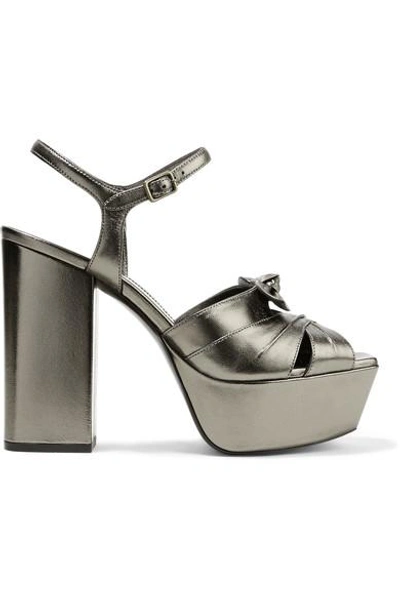 Shop Saint Laurent Farrah Bow-embellished Metallic Leather Platform Sandals In Gunmetal