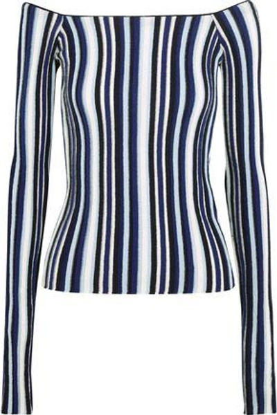 Shop Jacquemus Woman Off-the-shoulder Striped Ribbed Wool Sweater Navy