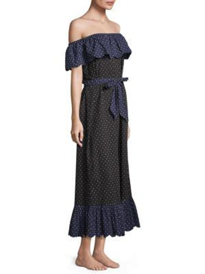 Shop Marysia Polka-dot Off-the-shoulder Dress In Black/mirt