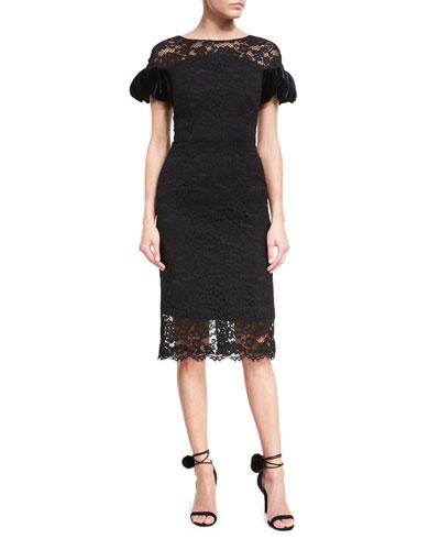 Monique Lhuillier Corded Lace Puff-sleeve Cocktail Dress In Noir | ModeSens