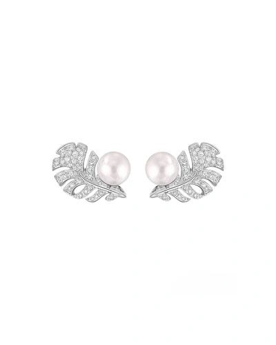 Pre-owned Chanel Plume Earrings In 18k White Gold, Cultured Pearls And Diamonds