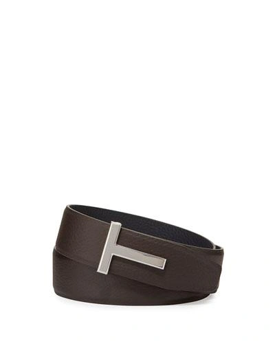 Shop Tom Ford T-buckle Calf Leather Belt In Chocolate/ Navy