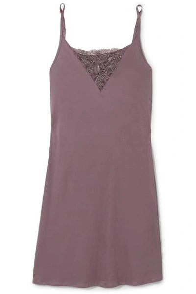 Shop Hanro Camille Stretch Lace-paneled Modal-jersey Chemise In Grape