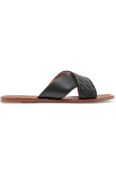 Shop Bottega Veneta Intrecciato Leather Slides In Black