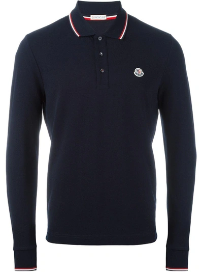 Shop Moncler Long Sleeved Polo Shirt In Black